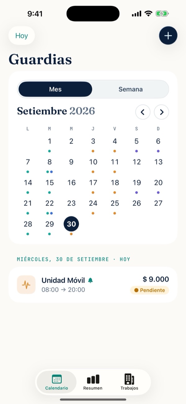 Guardia Planner: calendario del mes con las guardias