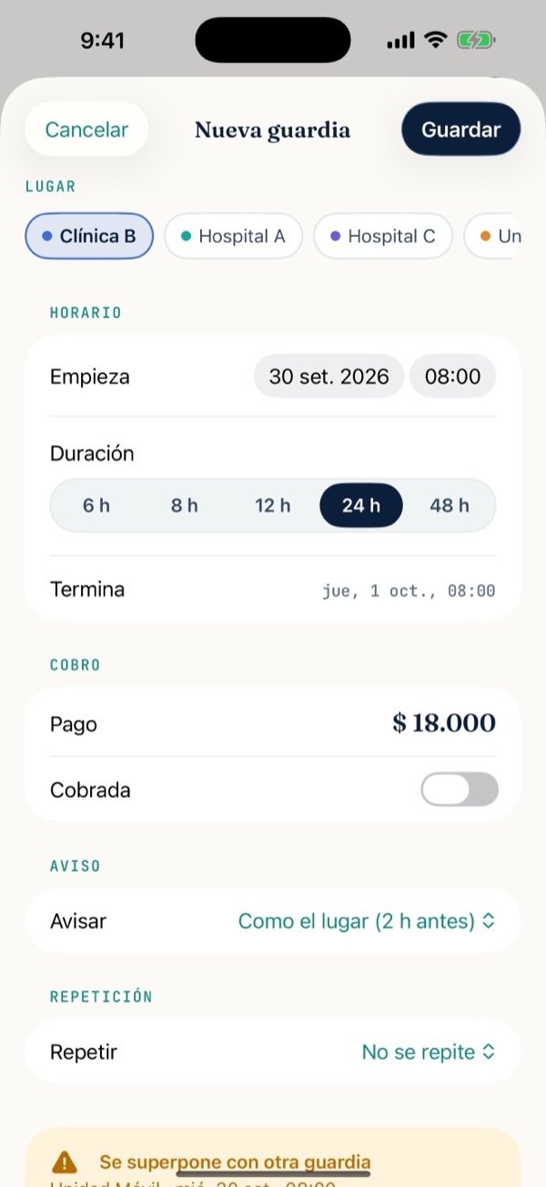 Formulario de nueva guardia con lugar, duración, pago, aviso y repetición