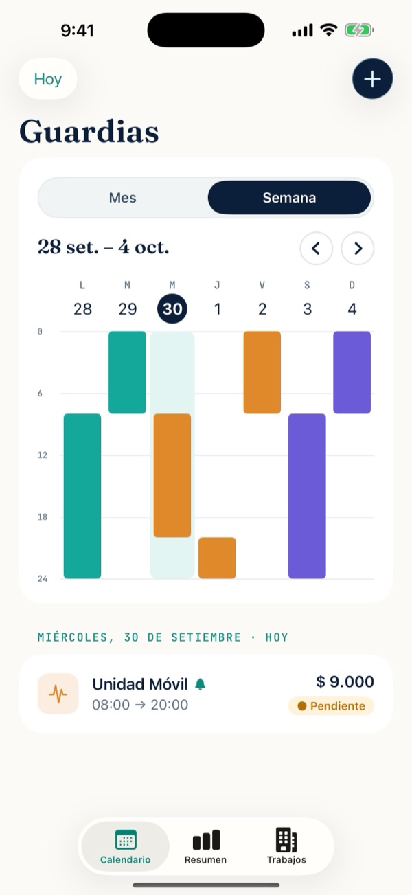 Vista semanal de 24 horas con cada guardia como un bloque de color